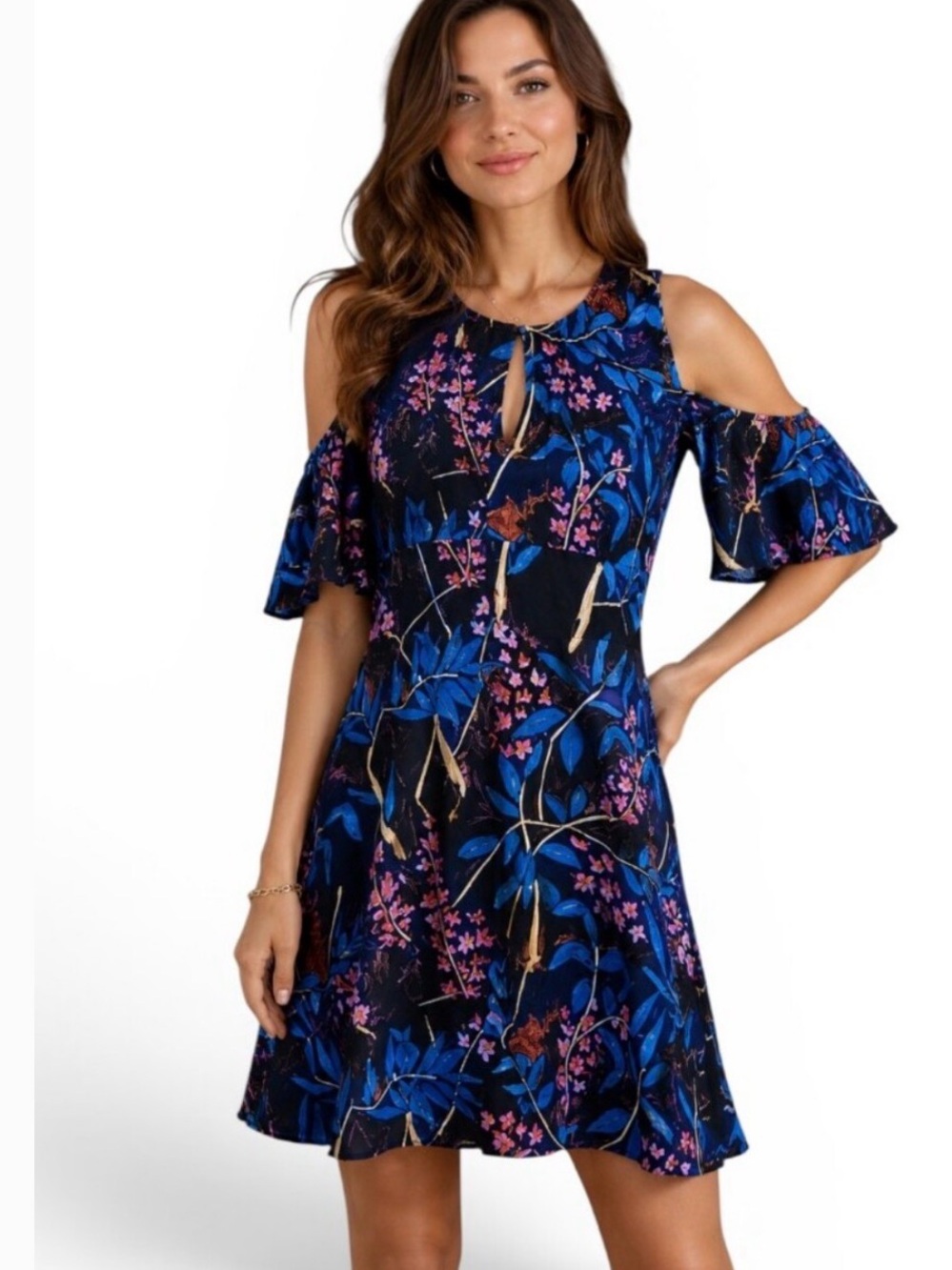 Anthropologie Maeve Elia Cold Shoulder Midi Dress 14 tropical botanical floral - Picture 3 of 13